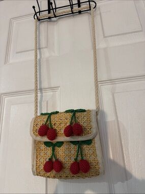 ZARA-Straw + Yarn Cherry Crossbody Bag - Red & Green Detail On Crochet Straw Bag